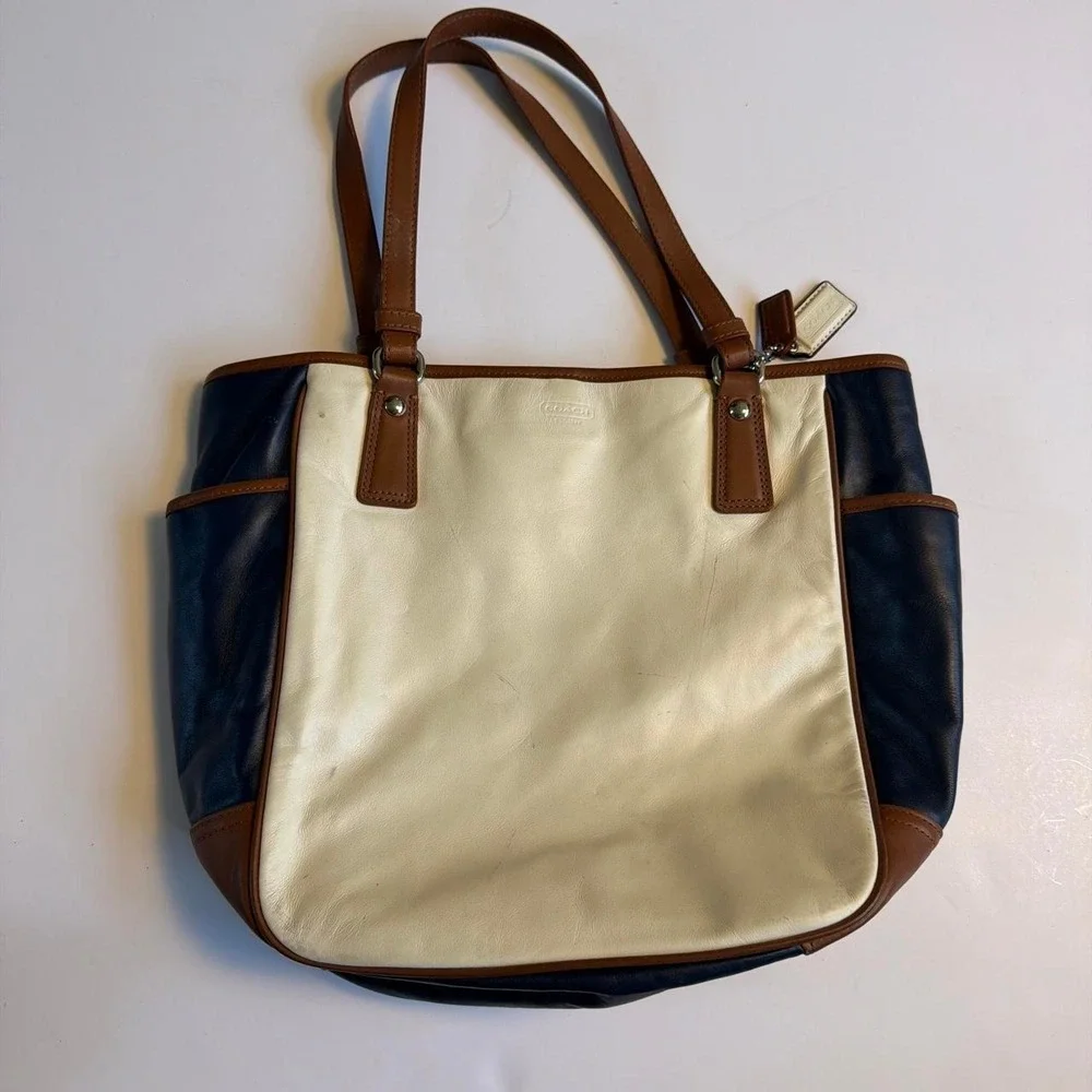 Coach Legacy Park Leather Tote A1376-F23683 White Navy Brown Purse